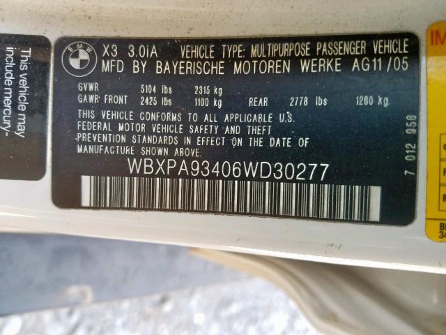 WBXPA93406WD30277 - 2006 BMW X3 3.0I WHITE photo 10