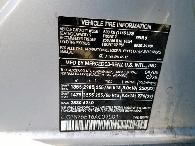 4JGBB75E16A009501 - 2006 MERCEDES-BENZ ML 500 SILVER photo 10