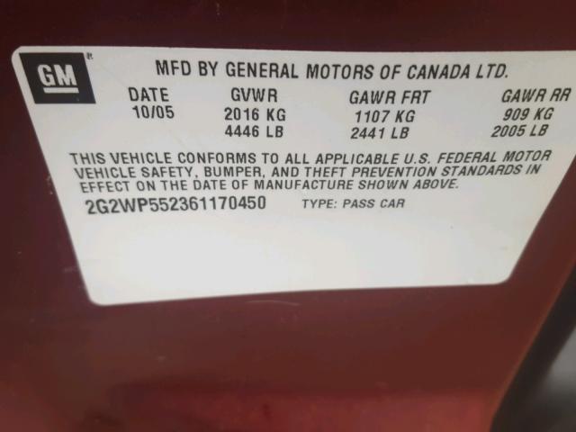 2G2WP552361170450 - 2006 PONTIAC GRAND PRIX Շագանակագույն լուսանկար 10