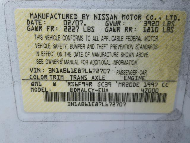 3N1AB61E87L672707 - 2007 NISSAN SENTRA 2.0 WHITE photo 10