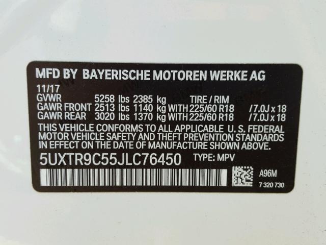 5UXTR9C55JLC76450 - 2018 BMW X3 XDRIVEM WHITE photo 10