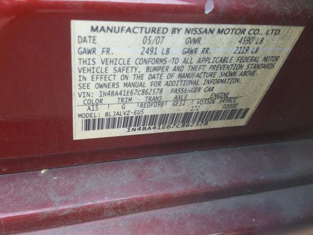 1N4BA41E67C862578 - 2007 NISSAN MAXIMA SE RED photo 10