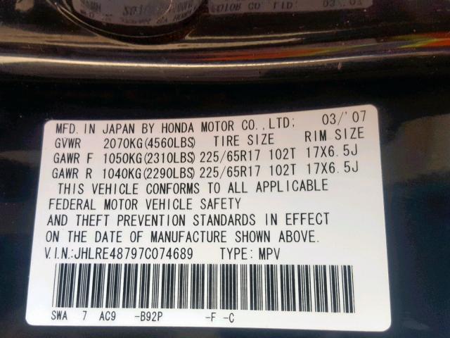 JHLRE48797C074689 - 2007 HONDA CR-V EXL BLACK photo 10