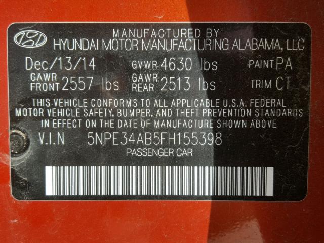 5NPE34AB5FH155398 - 2015 HYUNDAI SONATA SPO ORANGE photo 10