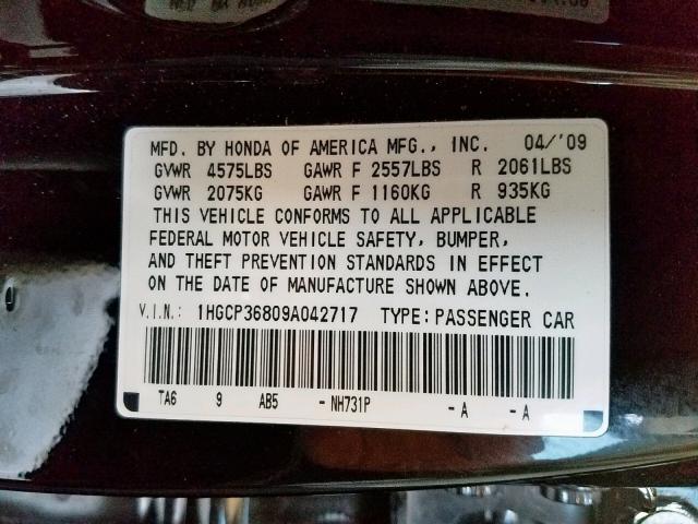 1HGCP36809A042717 - 2009 HONDA ACCORD EXL BLACK photo 10