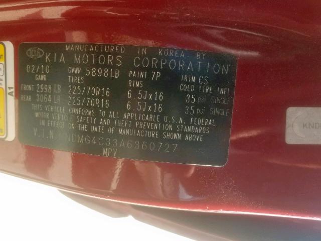 KNDMG4C33A6360727 - 2010 KIA SEDONA LX RED photo 10