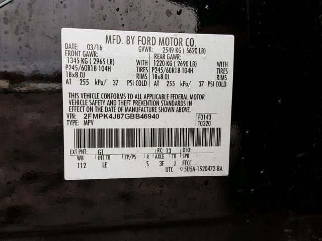 2FMPK4J87GBB46940 - 2016 FORD EDGE SEL BLACK photo 10