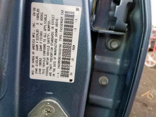 1HGCM56827A022194 - 2007 HONDA ACCORD EX TEAL photo 10