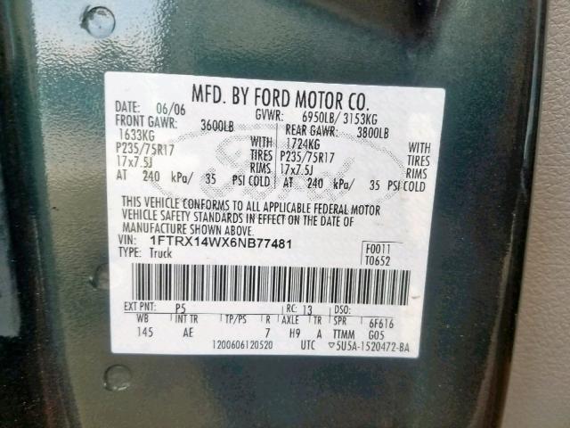 1FTRX14WX6NB77481 - 2006 FORD F150 GREEN photo 10