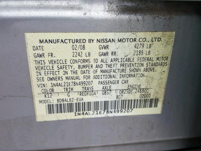 1N4AL21E78N499207 - 2008 NISSAN ALTIMA 2.5 SILVER photo 10