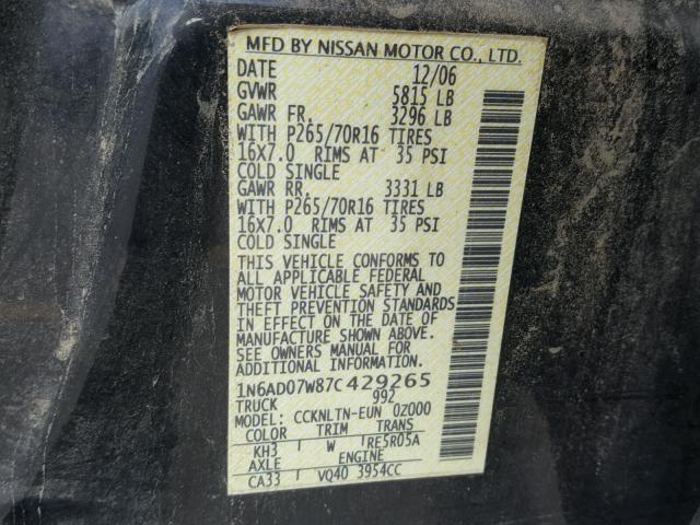 1N6AD07W87C429265 - 2007 NISSAN FRONTIER C BLACK photo 10