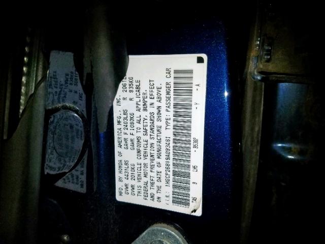 1HGCP26819A093461 - 2009 HONDA ACCORD EXL BLUE photo 10