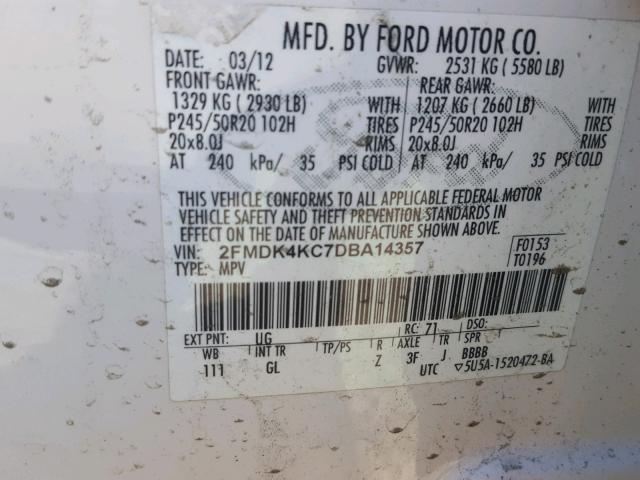 2FMDK4KC7DBA14357 - 2013 FORD EDGE LIMIT WHITE photo 10