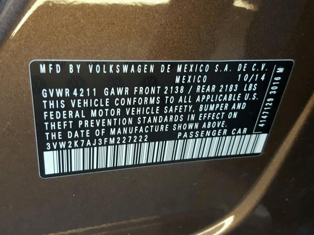3VW2K7AJ3FM227222 - 2015 VOLKSWAGEN JETTA BASE BROWN photo 10