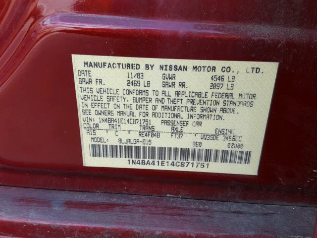 1N4BA41E14C871751 - 2004 NISSAN MAXIMA SE BURGUNDY photo 10