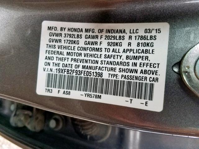 19XFB2F93FE051398 - 2015 HONDA CIVIC EXL 棕色 照片 10