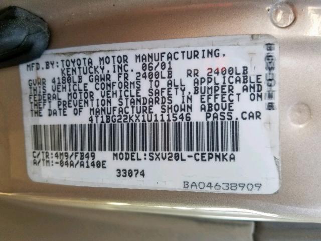 4T1BG22KX1U111546 - 2001 TOYOTA CAMRY CE GOLD photo 10