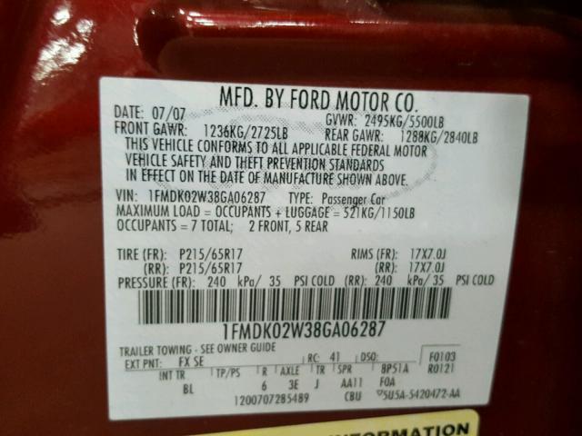 1FMDK02W38GA06287 - 2008 FORD TAURUS X S RED photo 10