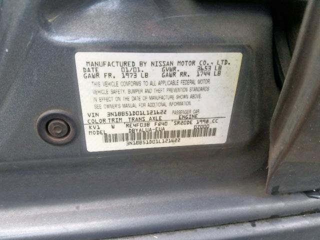 3N1BB51D01L121622 - 2001 NISSAN SENTRA SE GRAY photo 10