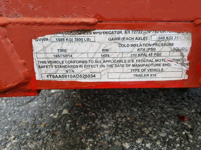 1T9AA0810AD526034 - 2017 UTILITY TRAILER RED photo 10