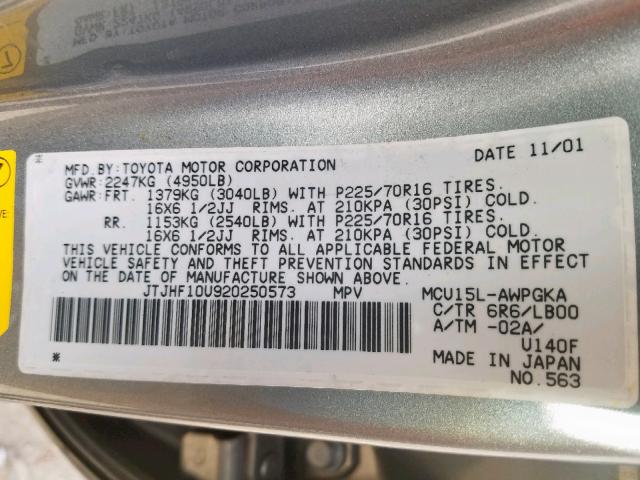 JTJHF10U920250573 - 2002 LEXUS RX 300 GRAY photo 10