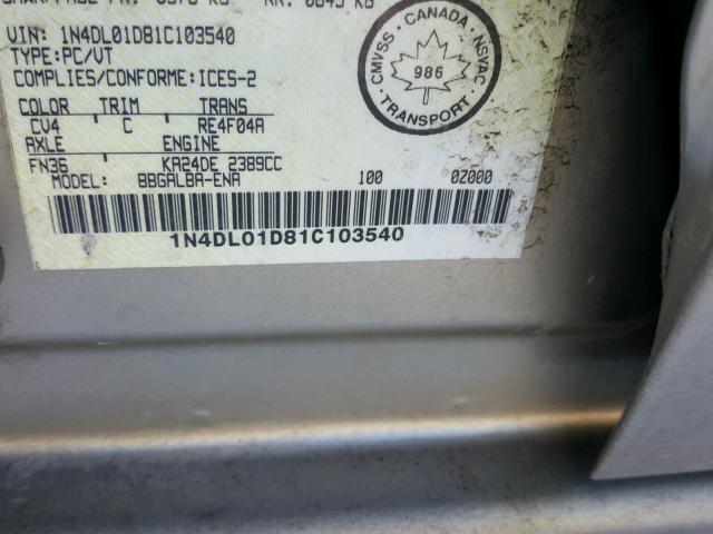 1N4DL01D81C103540 - 2001 NISSAN ALTIMA XE CREAM photo 10