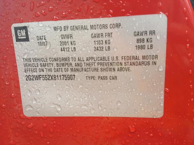 2G2WP552X81175907 - 2008 PONTIAC GRAND PRIX RED photo 10