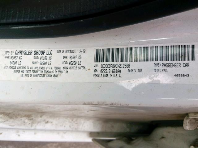 1C3CCBAB0CN212568 - 2012 CHRYSLER 200 LX WHITE photo 10