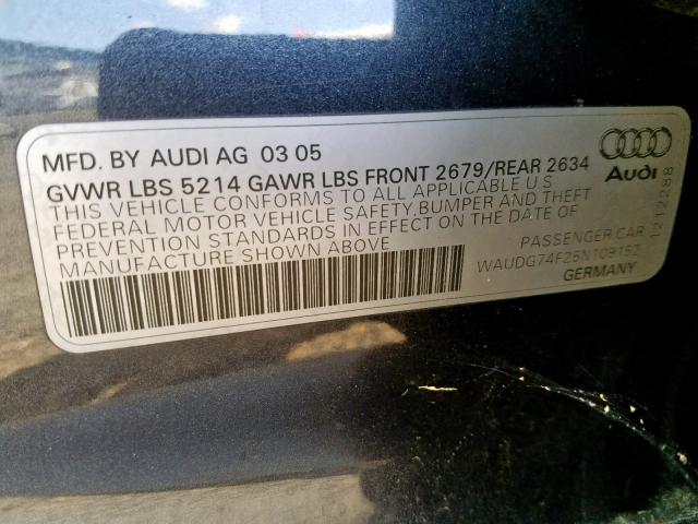 WAUDG74F25N109152 - 2005 AUDI A6 3.2 QUA GRAY photo 10