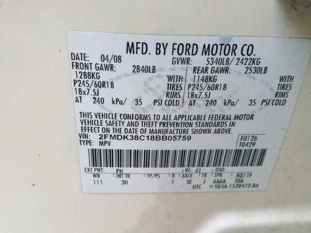 2FMDK38C18BB05759 - 2008 FORD EDGE SEL CREAM photo 10