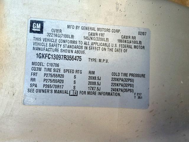1GKFC13097R356475 - 2007 GMC YUKON GOLD photo 10