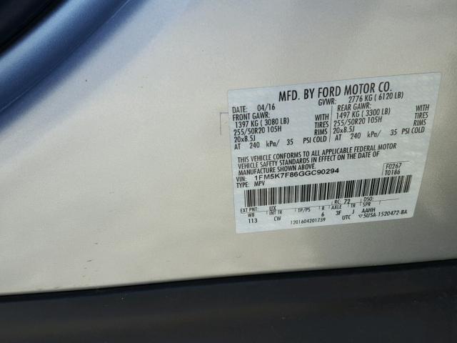 1FM5K7F86GGC90294 - 2016 FORD EXPLORER L SILVER photo 10