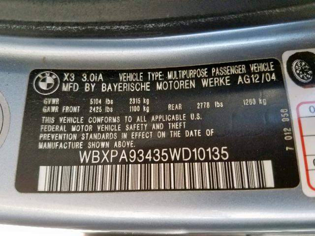 WBXPA93435WD10135 - 2005 BMW X3 3.0I BLUE photo 10