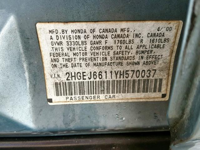 2HGEJ6611YH570037 - 2000 HONDA CIVIC BASE BLUE photo 10