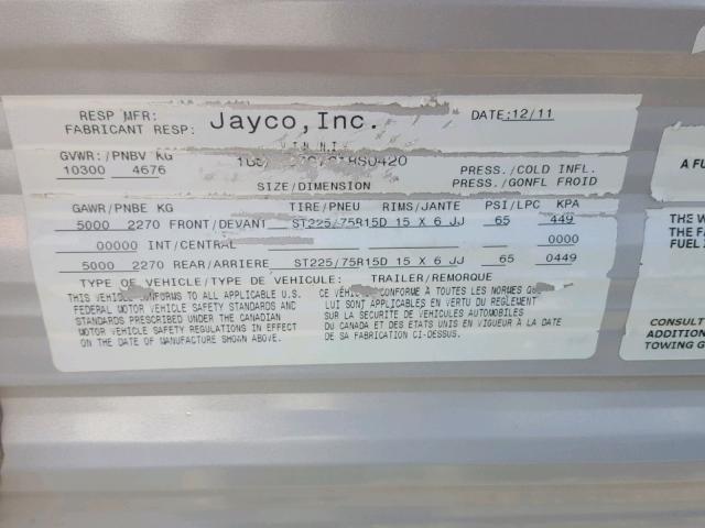 1UJBJ0BS7C18S0420 - 2012 JAYCO JAY FLIGHT  WHITE photo 10