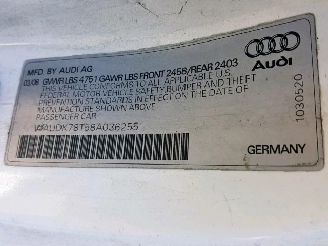 WAUDK78T58A036255 - 2008 AUDI A5 QUATTRO WHITE photo 10