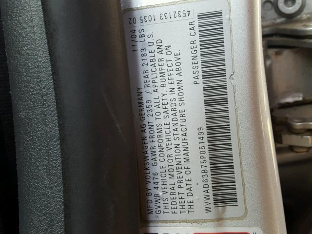 WVWAD63B75P051499 - 2005 VOLKSWAGEN PASSAT GLS SILVER photo 10