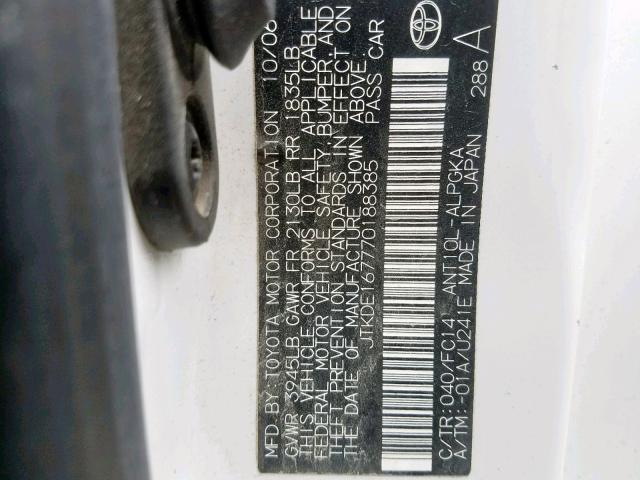 JTKDE167770188385 - 2007 TOYOTA SCION TC თეთრი ფოტო 10