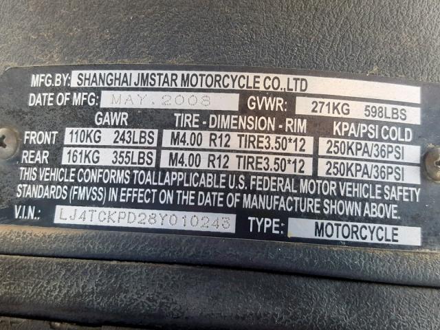 LJ4TCKPD28Y010243 - 2008 SHAN MOTORCYCLE RED photo 10