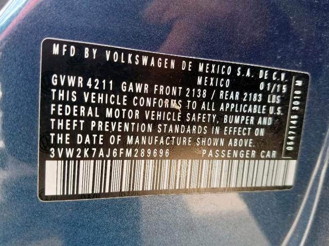 3VW2K7AJ6FM289696 - 2015 VOLKSWAGEN JETTA BASE 蓝色 照片 10