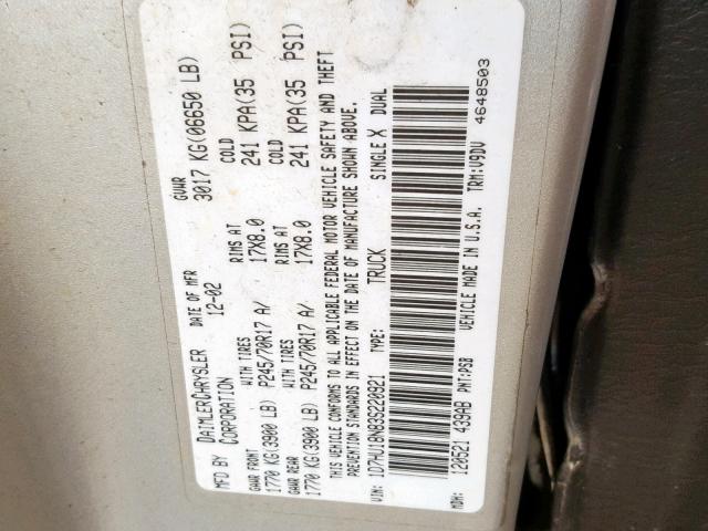 1D7HU18N83S220921 - 2003 DODGE RAM 1500 S GRAY photo 10