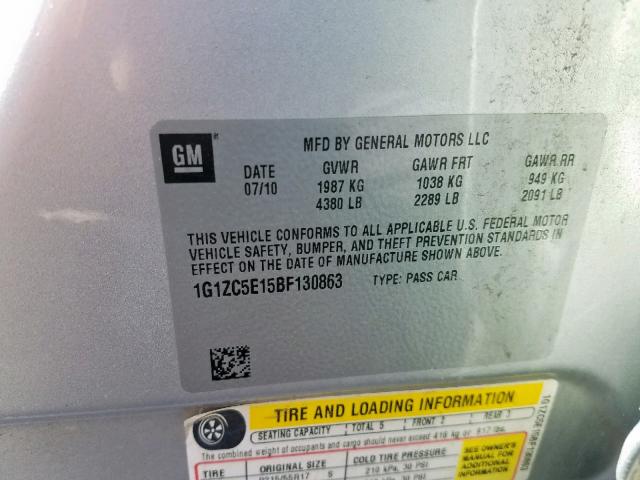 1G1ZC5E15BF130863 - 2011 CHEVROLET MALIBU 1LT SILVER photo 10