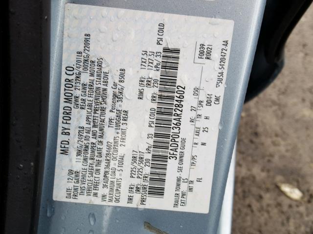 3FADP0L36AR284602 - 2010 FORD FUSION HYB BLUE photo 10