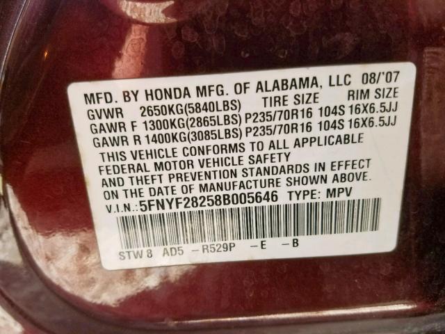 5FNYF28258B005646 - 2008 HONDA PILOT VP BURGUNDY photo 10