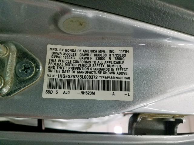 1HGES25785L008372 - 2005 HONDA CIVIC EX GRAY photo 10