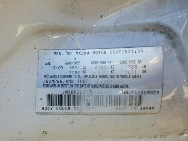 JM1BK323061446471 - 2006 MAZDA 3 S WHITE photo 10