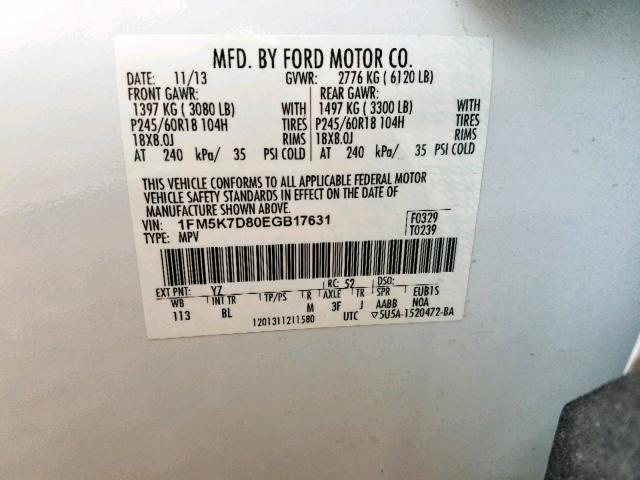 1FM5K7D80EGB17631 - 2014 FORD EXPLORER X WHITE photo 10