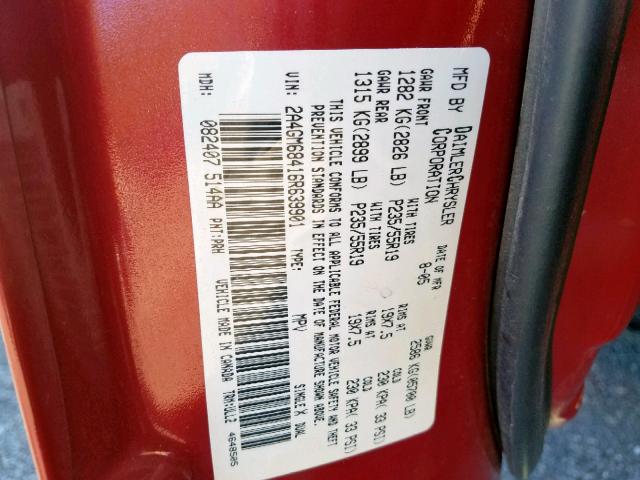 2A4GM68416R639901 - 2006 CHRYSLER PACIFICA T RED photo 10