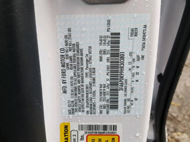 3FA6P0K99HR303801 - 2017 FORD FUSION TIT WHITE photo 10