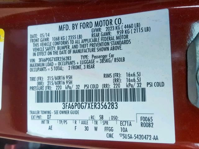 3FA6P0G7XER356283 - 2014 FORD FUSION S MAROON photo 10